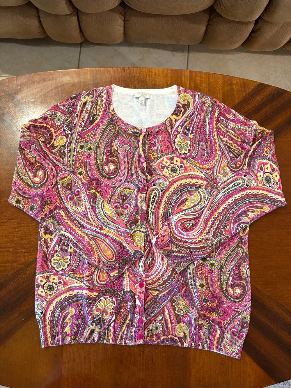 Talbots Women’s Pink Paisley Button-Front Cardigan